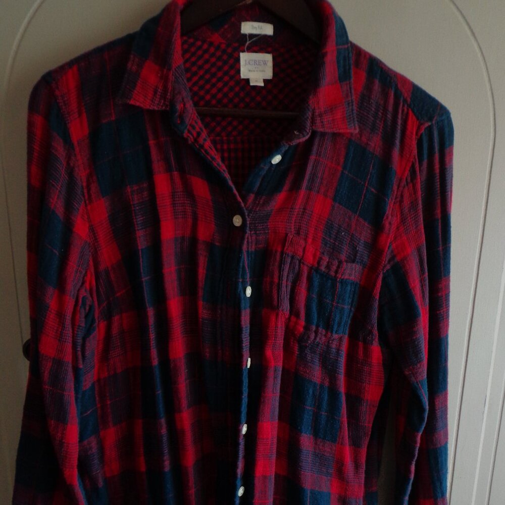 New J. CREW Boy Fit Flannel Plaid/Gingham Shirt M Red/Navy Button Closure Pocket